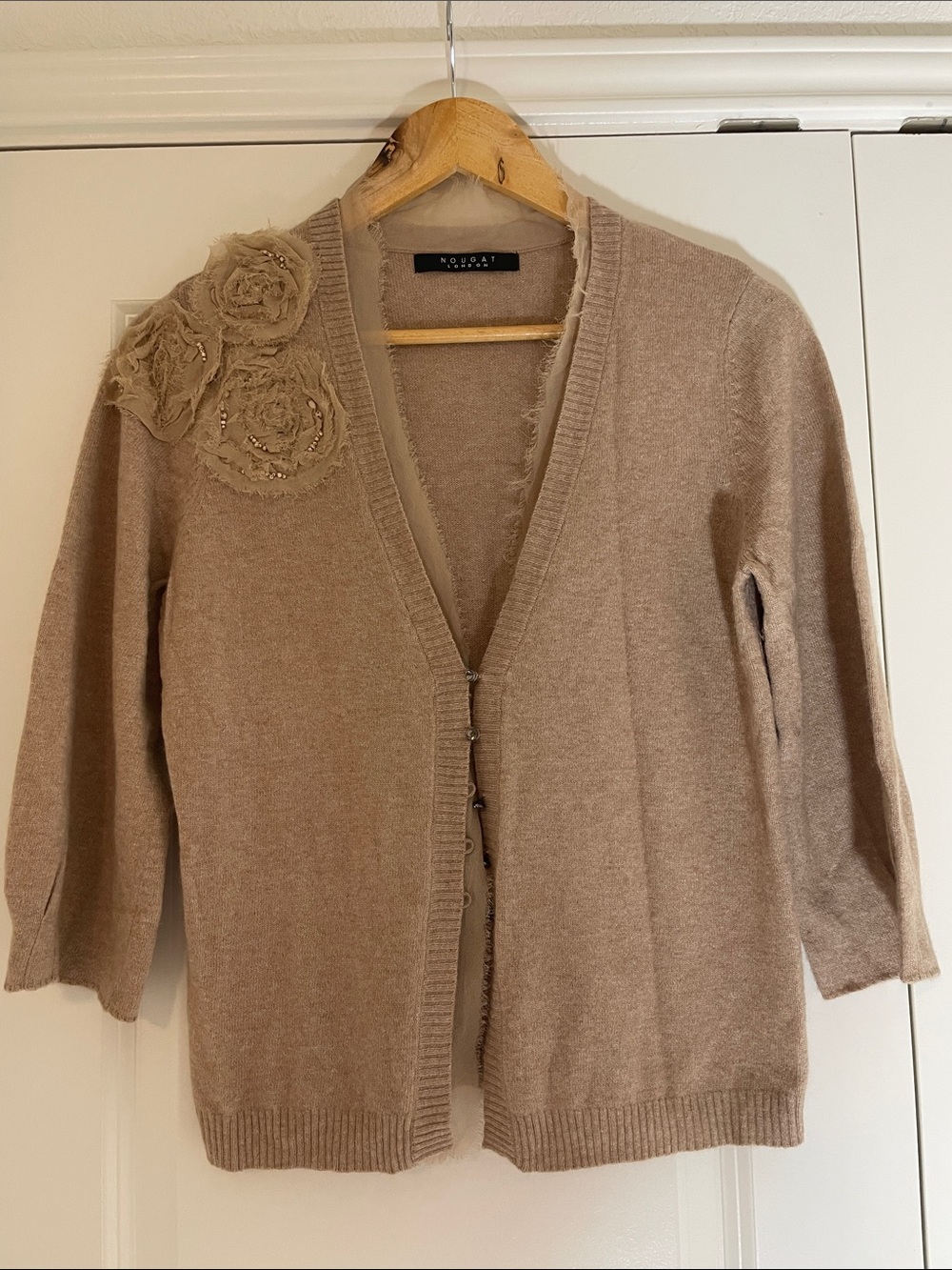 Vintage Nougat London Cashmere Lambswool Blend Cardigan Silk Trim Rosette 4/6